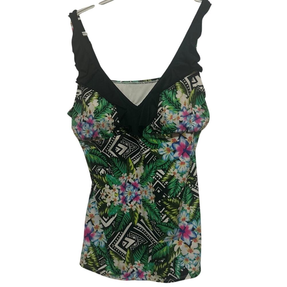 Kim Rogers Women's Black Green Tropical Ruffled V-Neck Tankini Top‎ size XL
